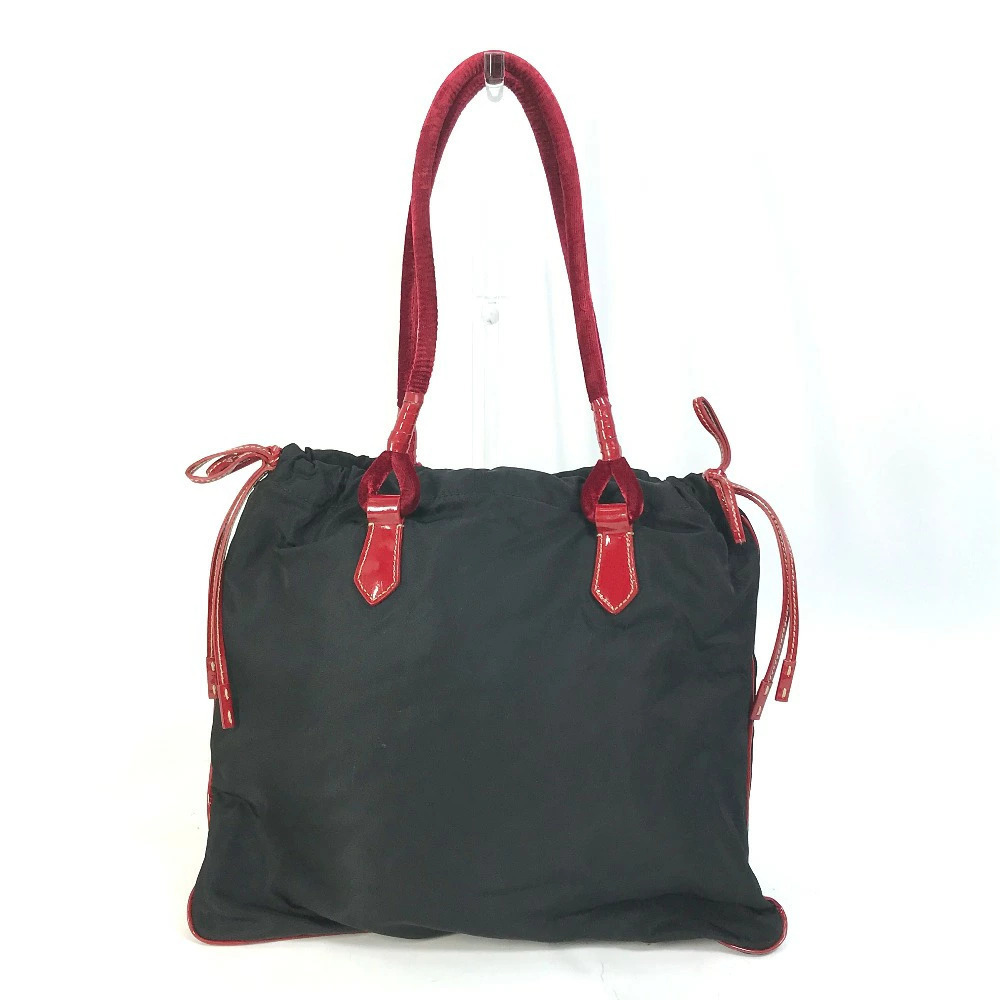 PRADA Bicolor Logo Drawstring Tote Bag Shoulder Handbag Enamel Black - Picture 2 of 15